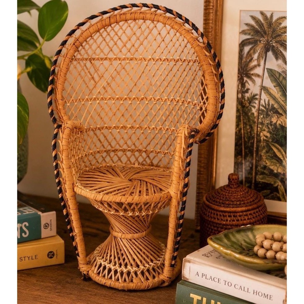 1970s Mini Peacock Chair Tropical Boho Bookshelf Decor Wicker Rattan Plant Stand